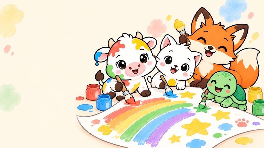 Moo, Katze, Fuchs und Schildkröte malen gemeinsam einen Regenbogen auf ein großes Blatt Papier