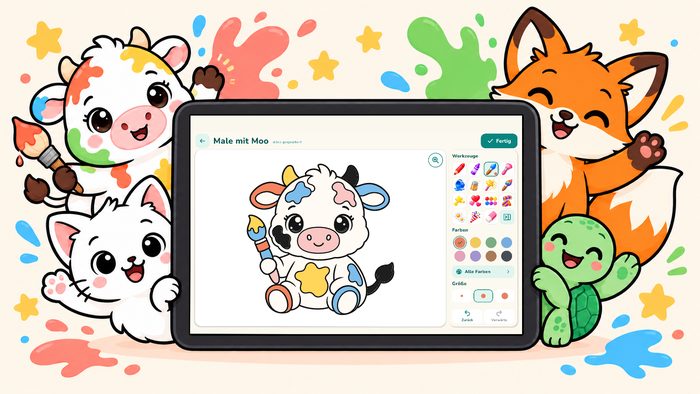 Moo, Katze, Fuchs und Schildkröte halten ein Tablet mit einem Moo-Malbild in NubiMoo