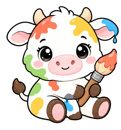 Moo sitzt und hält einen Pinsel mit roter Farbe