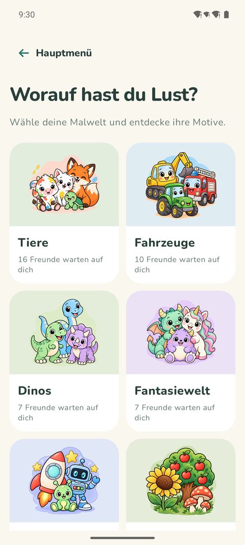 Auswahl der Malwelten: Tiere, Fahrzeuge, Dinos, Fantasiewelt, Weltraum und Natur