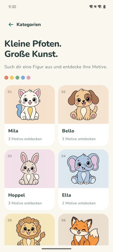 Die Tiere: Mila die Katze, Bello der Hund, Hoppel der Hase, Ella die Elefantin und weitere