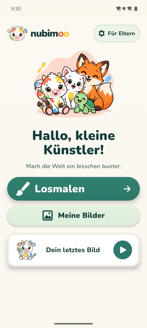 Startseite von NubiMoo mit Moo und ihren Freunden und den Knöpfen Losmalen und Meine Bilder