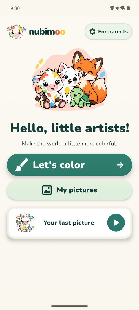 NubiMoo start screen with Moo and her friends and the buttons to start coloring and to open my pictures