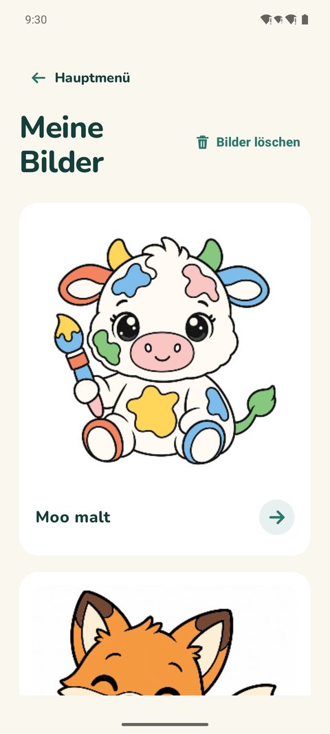 Meine Bilder mit einem fertig ausgemalten Moo und dem Knopf Bilder löschen