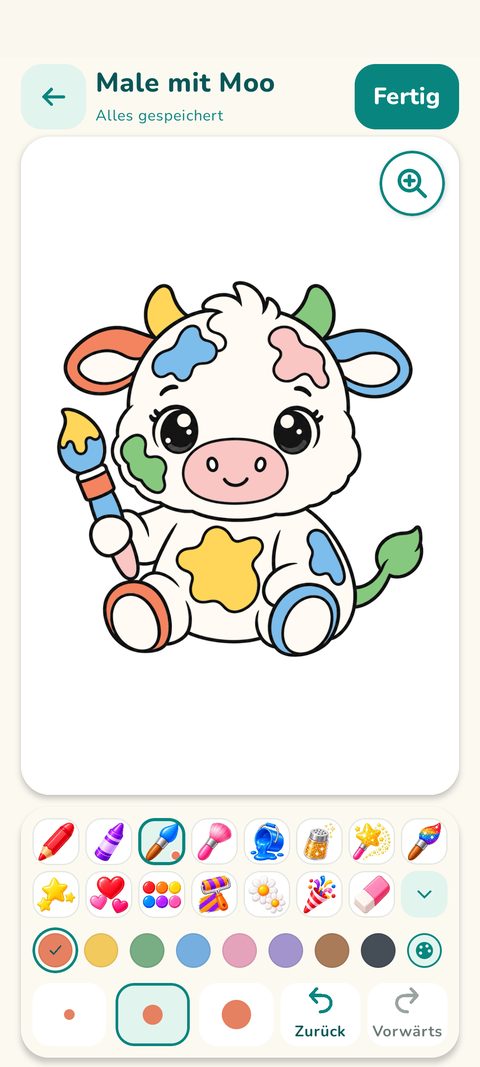 Malansicht mit einem bunt ausgemalten Moo, darunter Werkzeuge und Farben