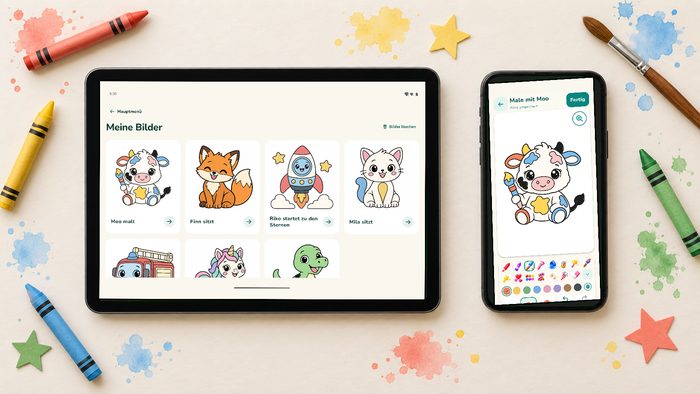 Tablet mit „Meine Bilder“ und Handy mit der Malansicht, von oben fotografiert, zwischen Stiften und Farbklecksen