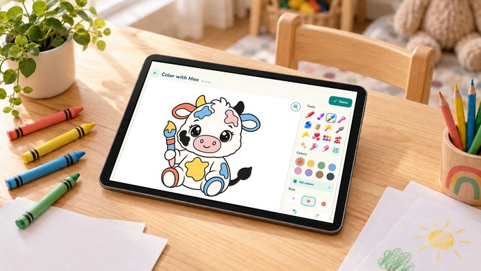 Tablet with NubiMoo on a children’s table, next to crayons and paper